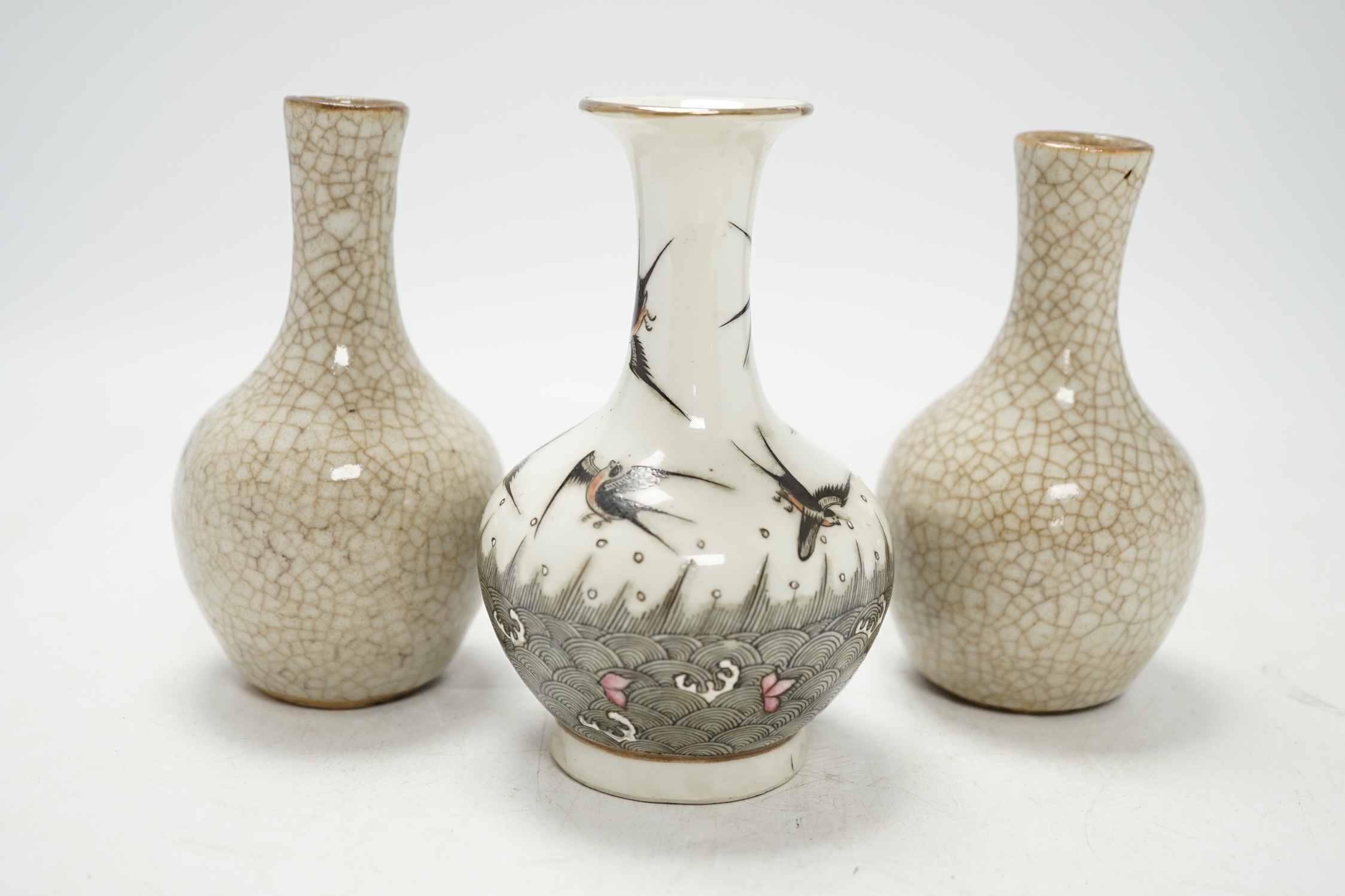A pair of 19th century Chinese crackle glazed vases, and a Chinese vase enamelled with birds, 14cm. Condition - fair